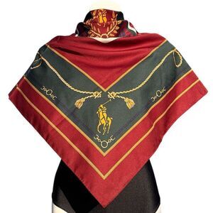 Polo Ralph Lauren Burgundy Uni Crest Equestrian Satin Square Scarf 34” X 35”